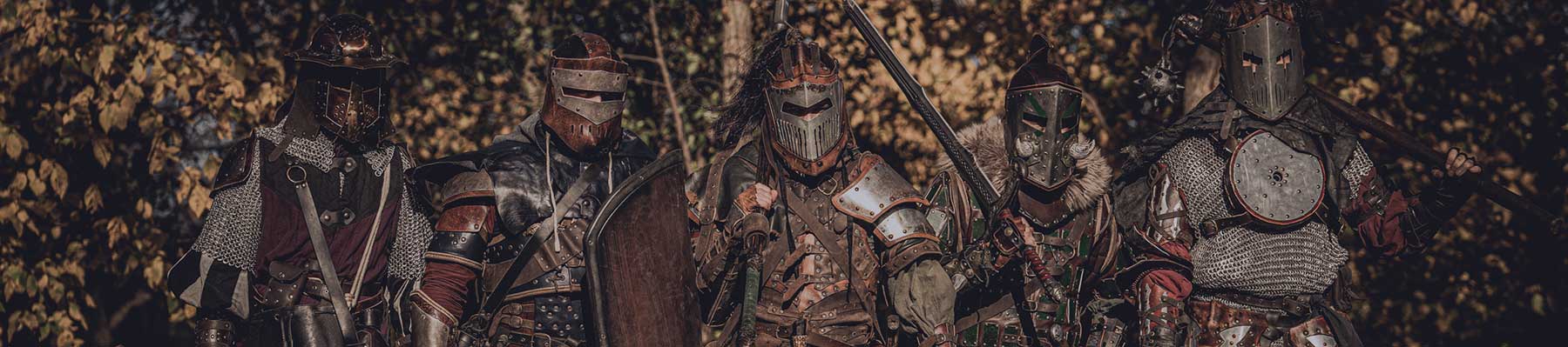5 heroes walking in full leather custom armors for LARP
