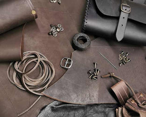 Samples of tools, hardware, and leather for leathercraft artisans and artists.
