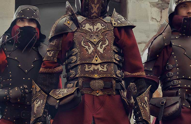 Banner with our 3 Custom LARP Leather Armor to show our levels of details